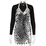 Maxbell Women Sequined Spaghetti Straps Dress Sequin Decorative Open Back for Club Argent