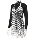 Maxbell Women Sequined Spaghetti Straps Dress Sequin Decorative Open Back for Club Argent