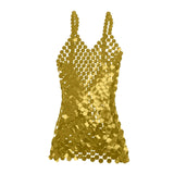 Maxbell Women Sequined Spaghetti Straps Dress Sequin Decorative Open Back for Club Aureate