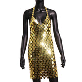 Maxbell Women Sequined Spaghetti Straps Dress Sequin Decorative Open Back for Club Aureate