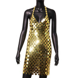 Maxbell Women Sequined Spaghetti Straps Dress Sequin Decorative Open Back for Club Aureate