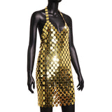 Maxbell Women Sequined Spaghetti Straps Dress Sequin Decorative Open Back for Club Aureate