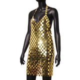 Maxbell Women Sequined Spaghetti Straps Dress Sequin Decorative Open Back for Club Aureate
