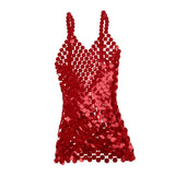 Maxbell Women Sequined Spaghetti Straps Dress Sequin Decorative Open Back for Club Red