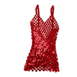 Maxbell Women Sequined Spaghetti Straps Dress Sequin Decorative Open Back for Club Red
