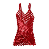 Maxbell Women Sequined Spaghetti Straps Dress Sequin Decorative Open Back for Club Red
