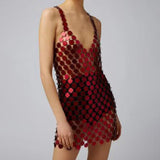 Maxbell Women Sequined Spaghetti Straps Dress Sequin Decorative Open Back for Club Red