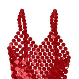 Maxbell Women Sequined Spaghetti Straps Dress Sequin Decorative Open Back for Club Red