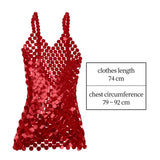 Maxbell Women Sequined Spaghetti Straps Dress Sequin Decorative Open Back for Club Red