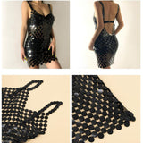 Maxbell Women Sequined Spaghetti Straps Dress Sequin Decorative Open Back for Club Black