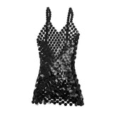 Maxbell Women Sequined Spaghetti Straps Dress Sequin Decorative Open Back for Club Black