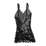 Maxbell Women Sequined Spaghetti Straps Dress Sequin Decorative Open Back for Club Black