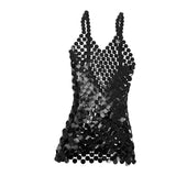 Maxbell Women Sequined Spaghetti Straps Dress Sequin Decorative Open Back for Club Black