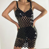 Maxbell Women Sequined Spaghetti Straps Dress Sequin Decorative Open Back for Club Black