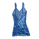Maxbell Women Sequined Spaghetti Straps Dress Sequin Decorative Open Back for Club Blue