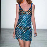 Maxbell Women Sequined Spaghetti Straps Dress Sequin Decorative Open Back for Club Blue