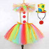 Maxbell Child Girl Clown Costume Mesh Tutu Dress Outfits with Top Hat Headband Size L