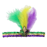 Maxbell Mardi Gras Sequin Headband Headpiece Sparkly Elastic for Party Sport Team Tricolor Feather