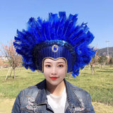 Maxbell Fashion Feather Headdress Art Headpiece for Stage Performance Photo Props Deep Blue
