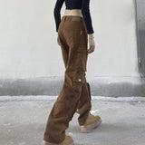 Maxbell Cargo Pants Trousers High Waisted Wide Leg with Pockets for Unisex Adult L Brown