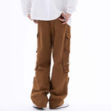 Maxbell Cargo Pants Trousers High Waisted Wide Leg with Pockets for Unisex Adult L Brown