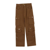 Maxbell Cargo Pants Trousers High Waisted Wide Leg with Pockets for Unisex Adult L Brown