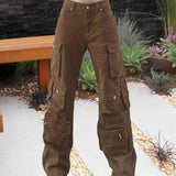 Maxbell Cargo Pants Trousers High Waisted Wide Leg with Pockets for Unisex Adult L Brown
