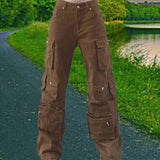 Maxbell Cargo Pants Trousers High Waisted Wide Leg with Pockets for Unisex Adult L Brown