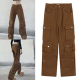 Maxbell Cargo Pants Trousers High Waisted Wide Leg with Pockets for Unisex Adult L Brown