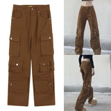 Maxbell Cargo Pants Trousers High Waisted Wide Leg with Pockets for Unisex Adult L Brown