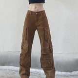 Maxbell Cargo Pants Trousers High Waisted Wide Leg with Pockets for Unisex Adult L Brown