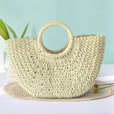 Maxbell Fashion Straw Handbag Tote Clutch Wallet Top Handle Women Woven Bag Travel Beige