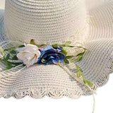 Maxbell Straw Hats Women Wide Brim with Rose Embellishments for Street Holidays White