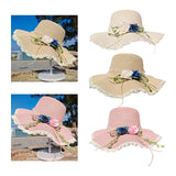 Maxbell Straw Hats Women Wide Brim with Rose Embellishments for Street Holidays White