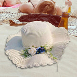 Maxbell Straw Hats Women Wide Brim with Rose Embellishments for Street Holidays White