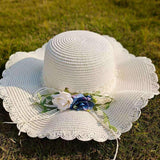 Maxbell Straw Hats Women Wide Brim with Rose Embellishments for Street Holidays White