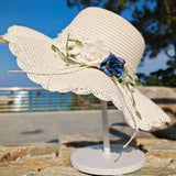 Maxbell Straw Hats Women Wide Brim with Rose Embellishments for Street Holidays White