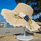 Maxbell Straw Hats Women Wide Brim with Rose Embellishments for Street Holidays Beige