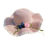 Maxbell Straw Hats Women Wide Brim with Rose Embellishments for Street Holidays Pink