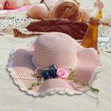 Maxbell Straw Hats Women Wide Brim with Rose Embellishments for Street Holidays Pink