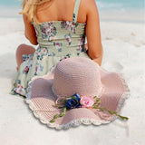 Maxbell Straw Hats Women Wide Brim with Rose Embellishments for Street Holidays Pink