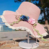 Maxbell Straw Hats Women Wide Brim with Rose Embellishments for Street Holidays Pink