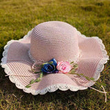 Maxbell Straw Hats Women Wide Brim with Rose Embellishments for Street Holidays Pink