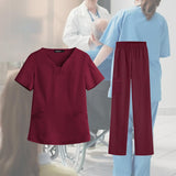 Maxbell women Nurse Uniform Multi Pockets Soft Top Pants Set for Massaging M Red