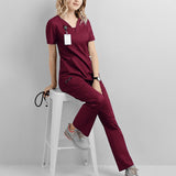 Maxbell women Nurse Uniform Multi Pockets Soft Top Pants Set for Massaging M Red