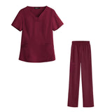 Maxbell women Nurse Uniform Multi Pockets Soft Top Pants Set for Massaging L Red