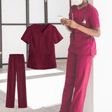 Maxbell women Nurse Uniform Multi Pockets Soft Top Pants Set for Massaging XL Red