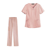 Maxbell women Nurse Uniform Multi Pockets Soft Top Pants Set for Massaging M Pink