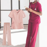 Maxbell women Nurse Uniform Multi Pockets Soft Top Pants Set for Massaging M Pink