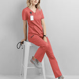 Maxbell women Nurse Uniform Multi Pockets Soft Top Pants Set for Massaging XL orange